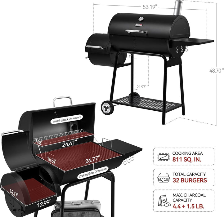 CC1830M 30 Inch Barrel Charcoal Grill with Offset Smoker & Warming Rack, Outdoor BBQ Grill with 811 Sq. In. Grilling Space for Backyard, Patio and Parties, Black