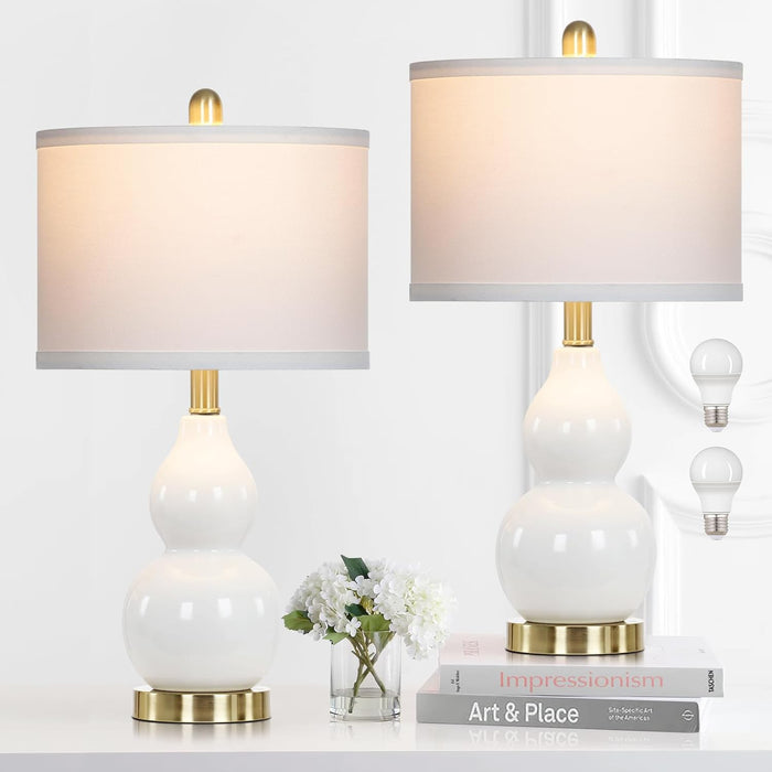 Double Gourd Ceramic Table Lamps Set of 2, Modern White Bedside Lamps for Night Stand, Contemporary Nightstand Lamps for Bedroom Living Room (Bulb Included)