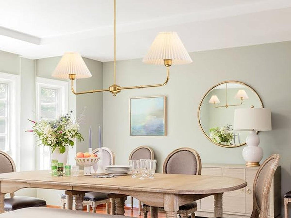 Gold Linear Chandelier, 2-Light Modern Chandelier for Dining Room Light Fixture, Dining Light Fixtures with White Fabric Shade Pendant Lights Kitchen Island for Restaurant, Living Room, Bedroom