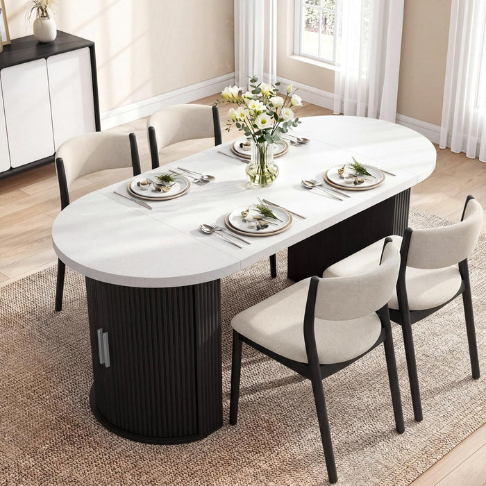71" Oval Dining Table with Storage, Fluted Base, Black | Seats 4-6 for Daily Dining and up to 8 for Gatherings; 397 Lb Capacity, Hidden Storage, and Faux Quartz Finish.