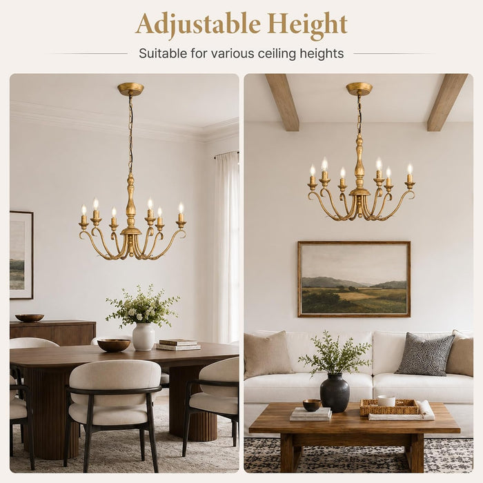 Farmhouse Vintage Antique Brass Chandelier: Distressed Gold Candle Fixture