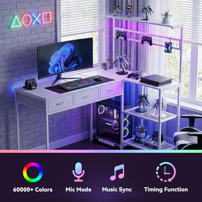 Computer Desk with 3 Fabric Drawers, 50.4 in L-Desk Display Shelves with Led Light & Power Outlet, PC Table Workstation for Home Office, Gaming Desk for Small Spaces, White