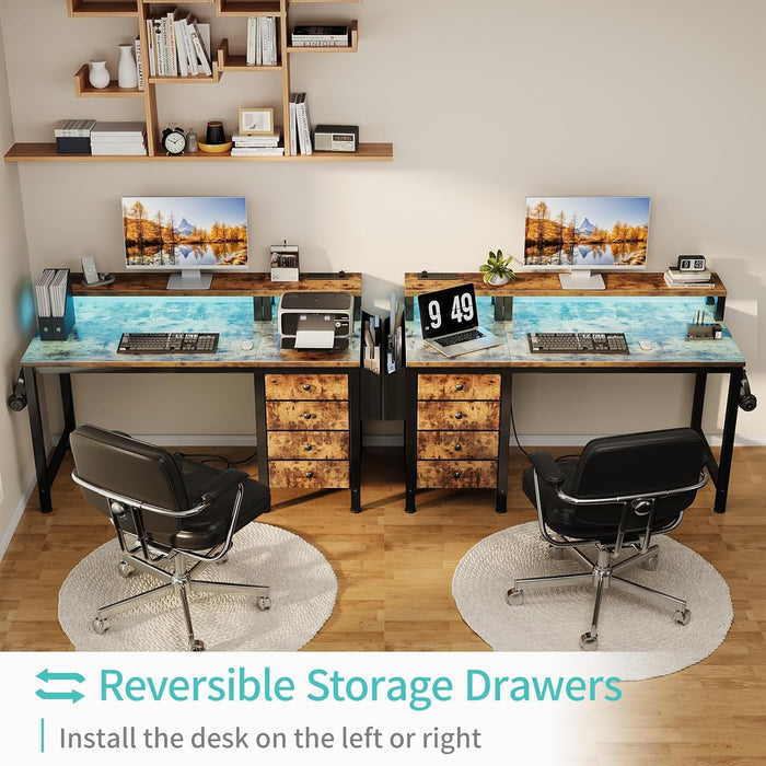 Computer Desk with Fabric Drawers, 47 Inch Home Office Desk with Monitor Stand, Gaming Desk with LED Lights and Power Outlets, Rustic Brown