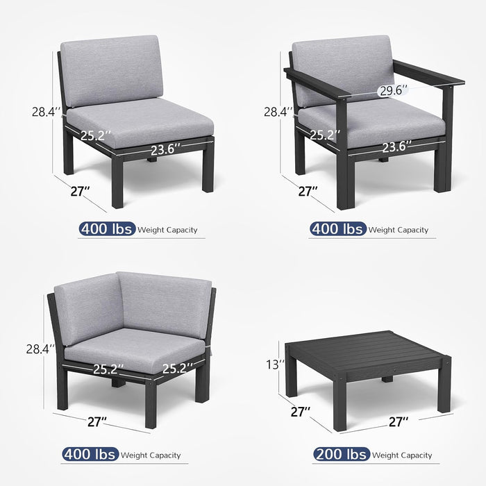 6-Piece Patio Sectional Sofa Set, Modular Outdoor Furniture Set - All-Weather Waterproof HIPS Frame & Quick-Dry Olefin Cushions, Black