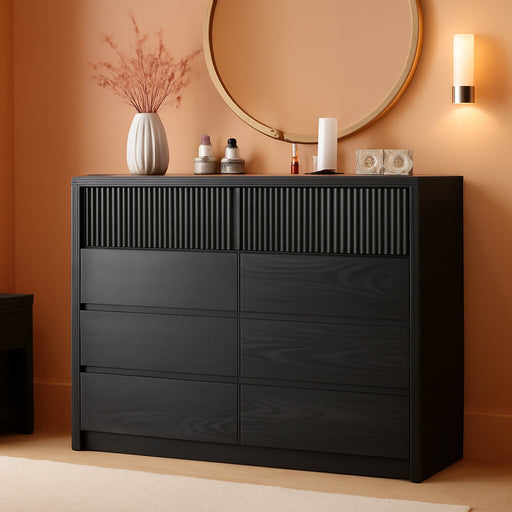 Black Fluted 8 Drawer Dresser for Bedroom, Curved Edge, 50" Wide