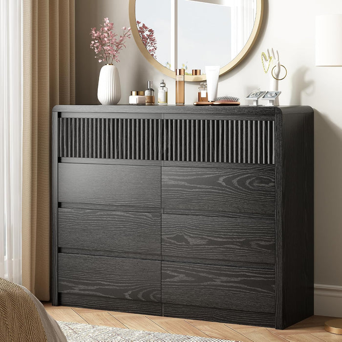 Black Fluted 8 Drawer Dresser for Bedroom, Curved Edge, 50" Wide