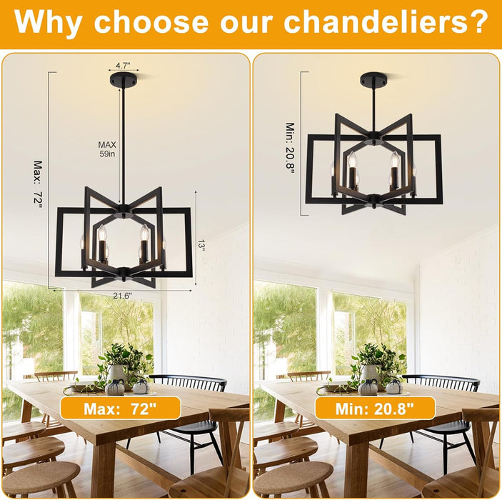 21.6" Black Farmhouse Chandelier,6-Light Geometric Dining Room Fixture,Modern Industrial Foyer Lighting Fixtures,Rustic Farmhouse Hanging Pendant Lights for Kitchen Island,Living Room,Bedroom,Entryway