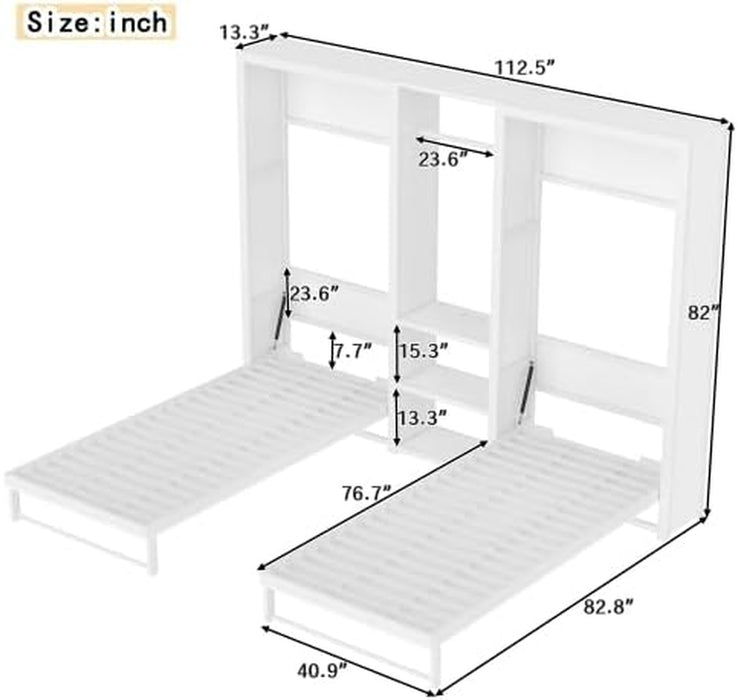 Twin Size Metal Murphy Bed with Wardrobe and Shelves, 2 in 1 Foldable Wall Bed with Power Outlets, Space-Saving Design (Pure White)