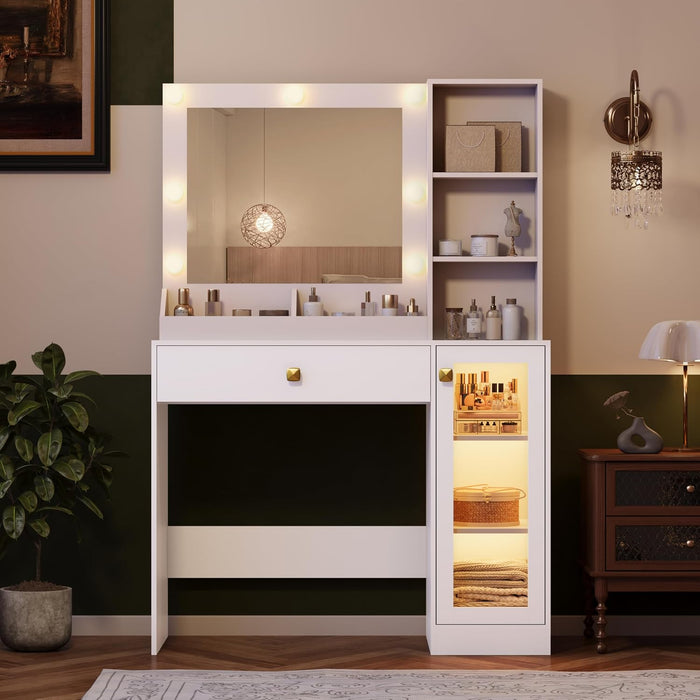 Makeup Vanity with Mirror and Lights, 34''W Dressing Table with Charging Station & RGB Glass Cabinet, Small Vanity Desk with 3 Color Lighting Modes & Adjustable Brightness