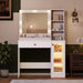 Makeup Vanity with Mirror and Lights, 34''W Dressing Table with Charging Station & RGB Glass Cabinet, Small Vanity Desk with 3 Color Lighting Modes & Adjustable Brightness