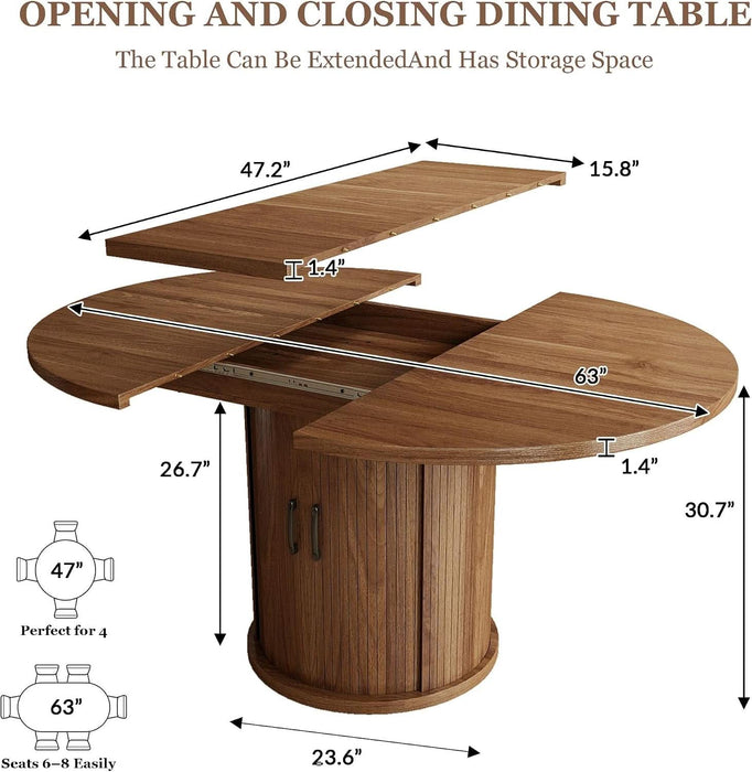47.2"–63" Extendable Dining Room Table for 4-8, Round-To-Oval Expandable Dining Table with Dust-Proof 2-Tier Shelf, Space-Saving Wood Kitchen Table for Living Room, Walnut