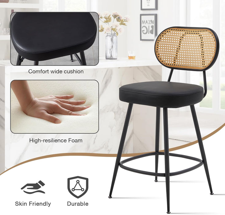 Counter Height Bar Stools Set of 2, 26" Seat Height Barstools with Rattan Back and Metal Legs, Upholstered Faux Leather Bar Chairs for Kitchen Island, Home Bar, Black
