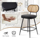 Counter Height Bar Stools Set of 2, 26" Seat Height Barstools with Rattan Back and Metal Legs, Upholstered Faux Leather Bar Chairs for Kitchen Island, Home Bar, Black