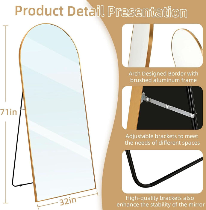 Arched Full Length Mirror, 71X32 Oversized Floor Mirror with Stand, Gold Mirror Full Length, Aluminum Full Body Dressing Mirrors with Arched-Top, Leaning for Living Room, Bedroom