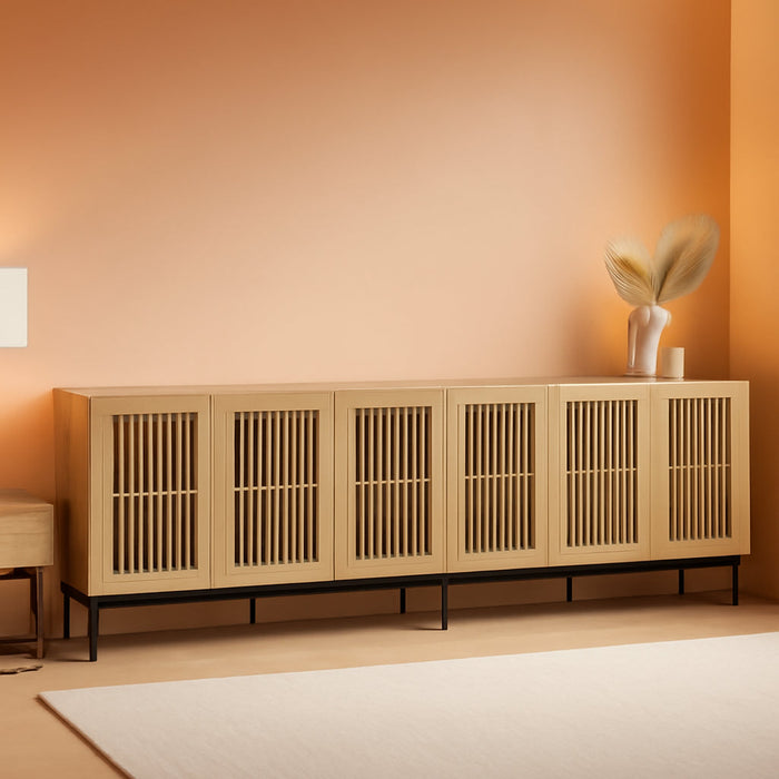 Farmhouse TV Stand for Tvs up to 100 Inch, 2 in 1 Entertainment Center TV Console with Storage Cabinets and Metal Base,Media Console for Living Room,Oak