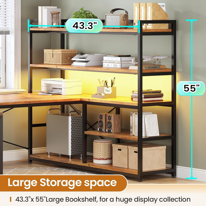 L Shaped Desk with Storage Shelves, 63” Reversible U Shaped Office Desk, Gaming Desk with Power Outlet and LED Lights for Home Office, Rustic Brown