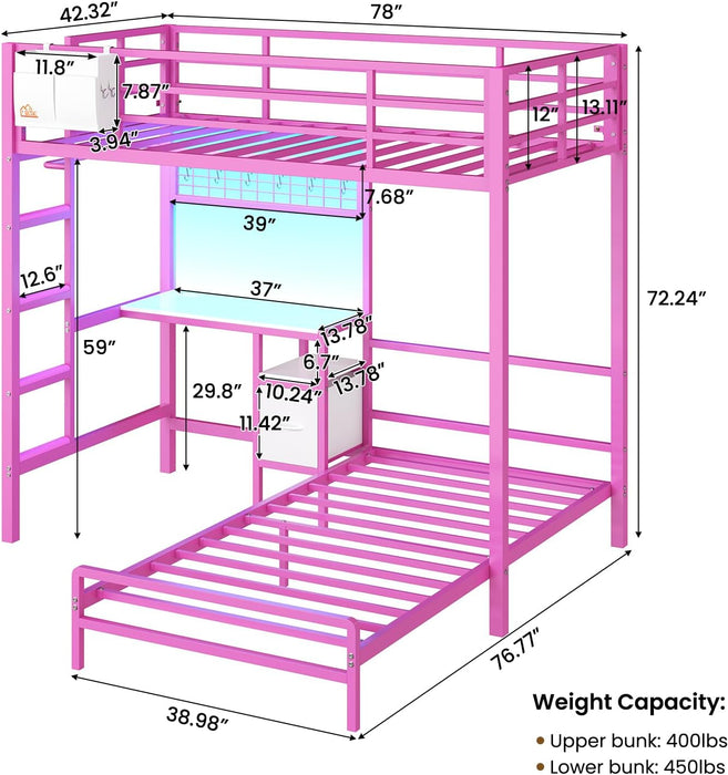 Bunk Bed Twin over Twin with Desk and Storage Metal L-Shaped Bunk Beds with Led Lights & Charging Station,Pink Bunk Beds for Kids with Safety Guardrail and Ladder,Girls Bed,No Box Spring Needed