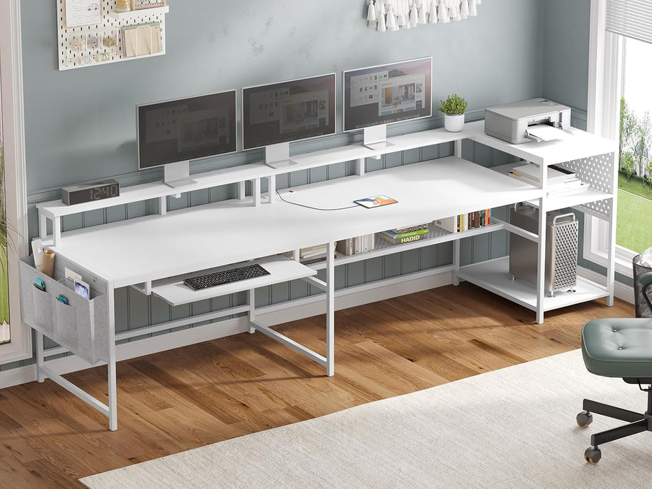 L Shaped Gaming Desk, Reversible Computer Desk, Gaming Desk with Power Outlets & LED Strip, Monitor Shelf, Keyboard Tray, Pegboard and Storage Shelves for Home Office, White