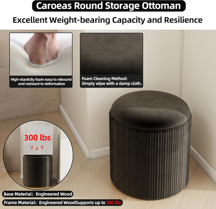 round Ottoman with Storage Set of 2, Upholstered Velvet Storage Ottoman, Vanity Stool for Makeup, Foot Rest for Living Room, Bedroom, Black