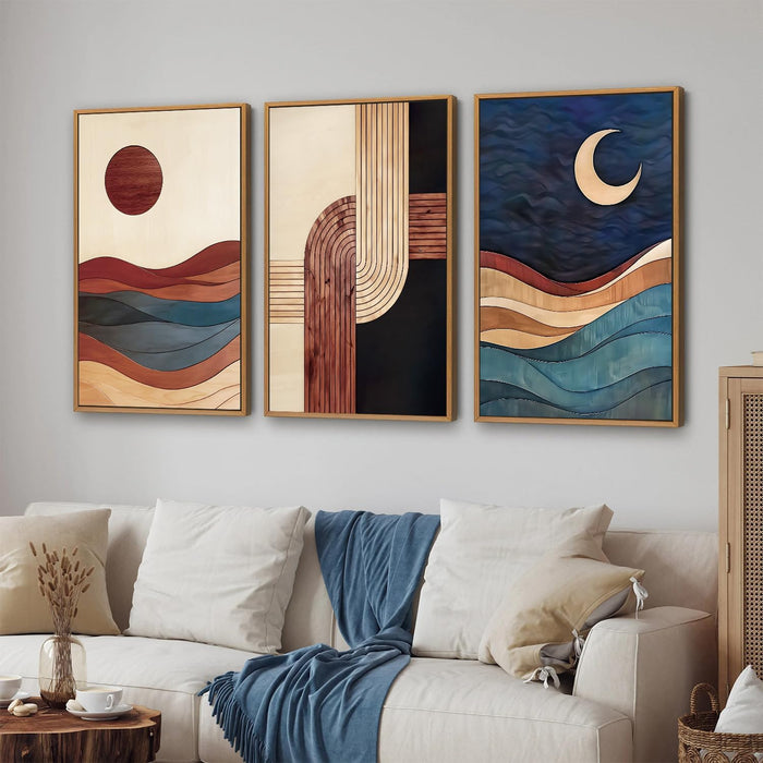 Boho Mid Century Modern Framed Canvas Wall Art, Bohemian Geometric Wall Decor, Abstract Sun and Moon Artwork,Beige and Black Wooden Art Paintings for Living Room Bedroom Office 16"X24"X3