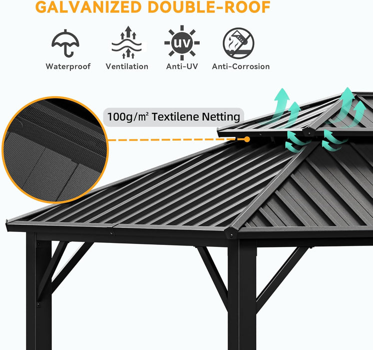 12x20 Hardtop Gazebo ReinforcedFrame PrivacyCurtains Black