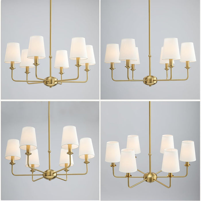 6-Light Brushed Gold Pendant Chandelier with Fabric Shades, E12 Base - Farmhouse & Industrial Style for Kitchen, Living Room, Dining Room, or Bedroom Lighting