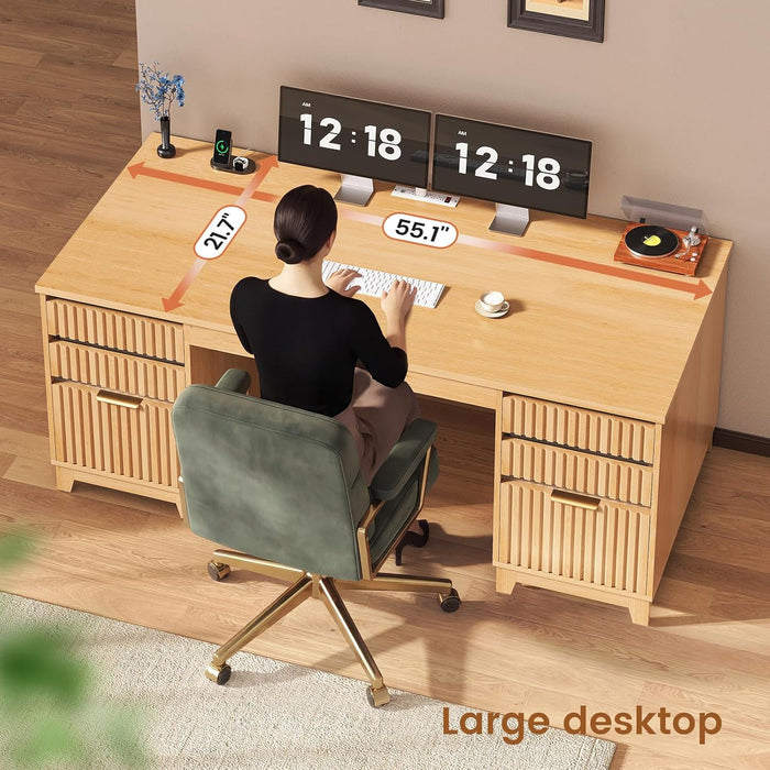 55.1" Fluted Office Desk with 6 Drawers, Modern Executive Desk with Acrylic File Drawers, Computer Desk with Power Outlets for Home Office and Study, Natrual
