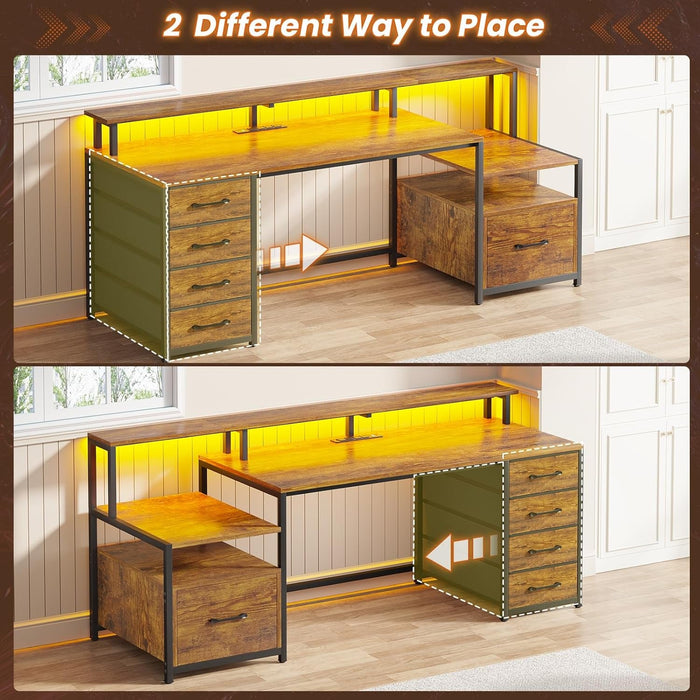 Home Office Desk with File Drawer & Power Outlet, 66'' Computer Desk with 5 Drawer, Storage Shelves, Printer Cabinet and Monitor Shelf, Gaming Desk with Led Lights, Rustic Brown