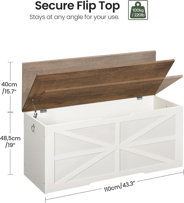Storage Chest, 43.3" Toy Chest Storage, Farmhouse Storage Bench with Safety Hinge, Storage Trunk, for Bedroom, Living Room, Walnut and White MCW11WL