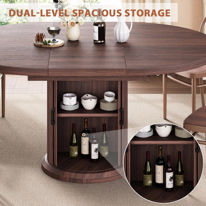 Dining Table for 4-6,63“Extendable round Kitchen Dining Room Table with 2-Tier Storage Shelf, Space Saving Expandable Wood Oval Circle Dinner Furniture with Pedestal Base (Brown)