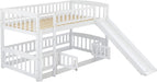Bunk Bed Twin over Twin with Slide and Stairs, Twin Bunk Bed for Kids, Girls, Boys, Floor Bunk Bed with Fence and Door, White