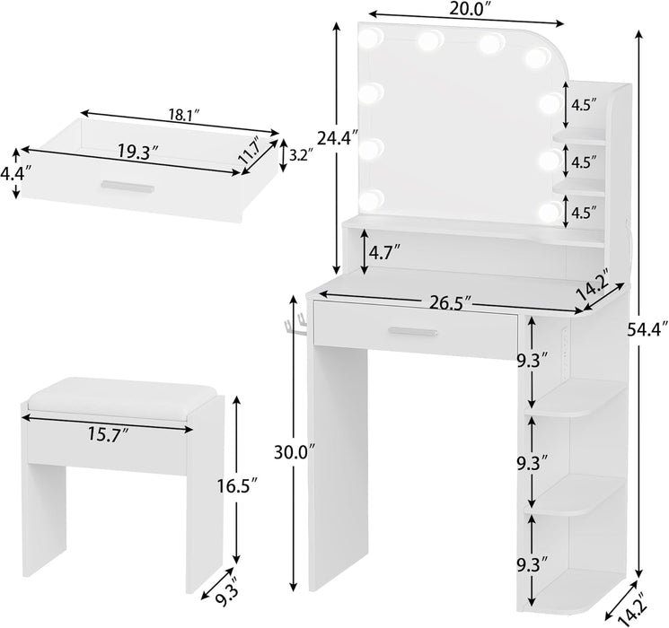 Makeup Vanity with Chair, Small Vanity Desk with Mirror and Lights 3 Colors, Girls Vanity Set with Power Outlet, Compact Vanity Table for Small Space, White