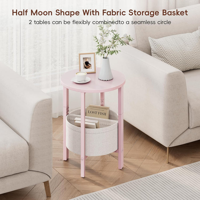 Small round Side Table, Accent End Table with Storage Basket, Set of 2 Half round Coffee Table End Table, Half Moon Bedside Table, Modern Nightstand Couch Table for Living Room Bedroom, Pink