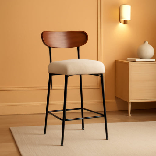 Bar Stools Set of 3 Boucle Seat Chair with Wood Back | 24 Inch,Upholstered,Metal Frame,Foot Rest,Light Brown,Mid Century Modern Barstools for Kitchen Island Dining Room