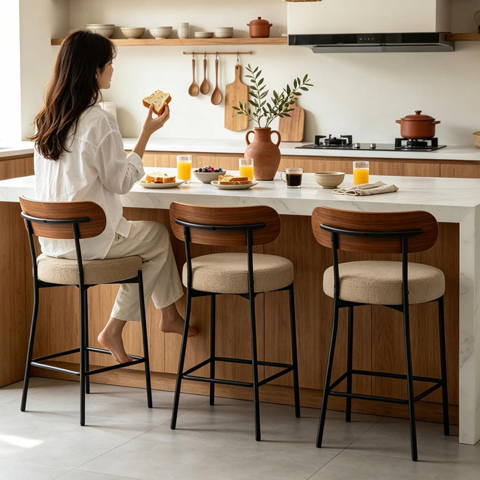 Bar Stools Set of 3 Boucle Seat Chair with Wood Back | 24 Inch,Upholstered,Metal Frame,Foot Rest,Light Brown,Mid Century Modern Barstools for Kitchen Island Dining Room