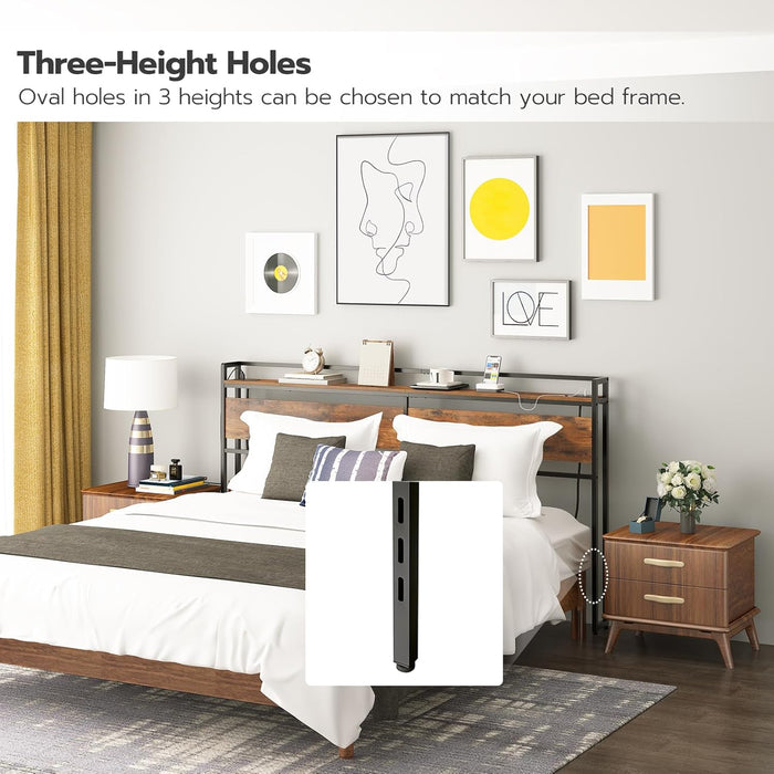 King Size Headboard, Headboard with 2 Outlets and 4 USB Ports, Adjustable Height, Storage Rack, Sturdy and Stable, Easy Assembly, Rustic Brown and Black