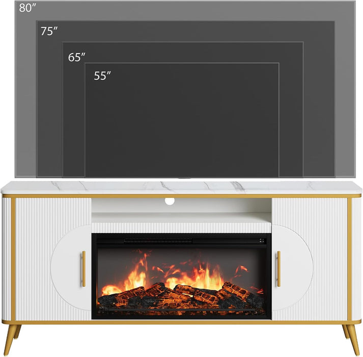 Fluted Fireplace TV Stand up to 80" Tvs, Modern Entertainment Center with 30" Electric Fireplace, Luxury Media Console with Adjustable Shelves for Living Room, White