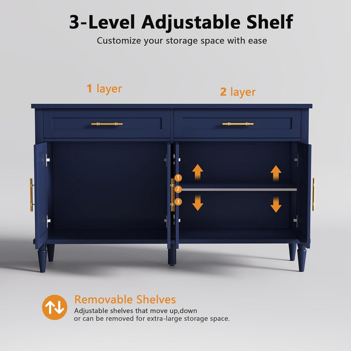 58 Inch Sideboard Buffet Cabinet with Storage, Fluted Buffet Storage Cabinet with 2 Drawers and 4 Doors, Modern Coffee Bar with Adjustable Shelves for Living Room, Kitchen (Blue)