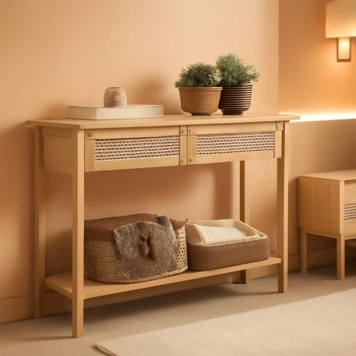 Console Sofa Table, Narrow Entryway Table, 2 Drawers, Open Storage Shelf, Rounded Corners, for Living Room, Boho Style, Oak Beige ULNT016YC01S