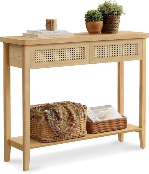 Console Sofa Table, Narrow Entryway Table, 2 Drawers, Open Storage Shelf, Rounded Corners, for Living Room, Boho Style, Oak Beige ULNT016YC01S