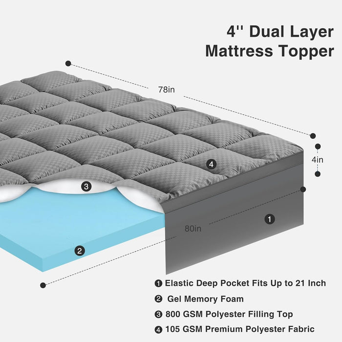 Dual-Layer 4 Inch King Size Memory Foam Mattress Topper for Back Pain, 2 Inch Cooling Pillow Top Mattress Pad Cover and 2 Inch Gel Memory Foam Topper, Deep Elastic Pocket, Grey