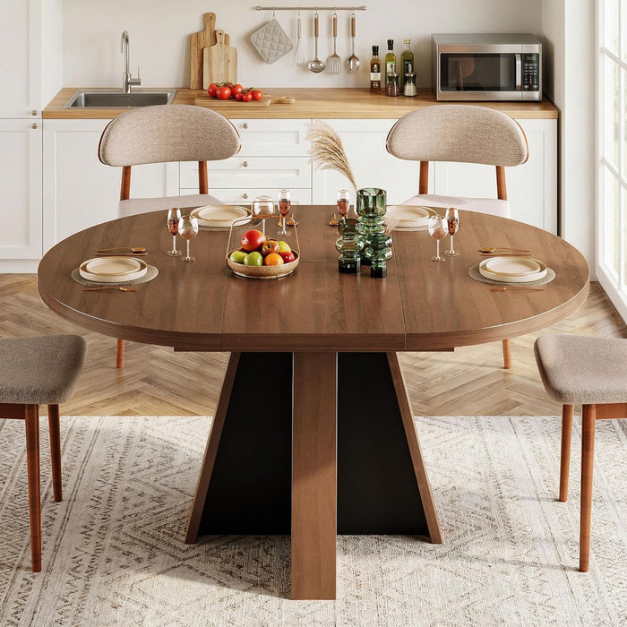 43.3In-59In Extendable round Dining Table for 4-6, Modern Wooden Kitchen Table for Dining Room, Adjustable Size Oval Circle Dinner Tables Furniture for Kitchen Living Room, Walnut Brown