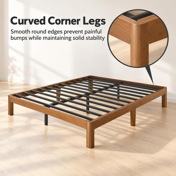 10 Inch Bamboo Queen Bed Frame with Curved Leg, Warm Brown Color