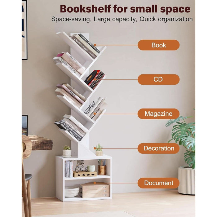 6 Tier Tree Bookshelf, Tall Bookcase with Storage Cabinet, Modern Narrow Bookshelves Organizer, Floor Standing Book Shelf for Bedroom/Living Room/Home Office/Corner, White
