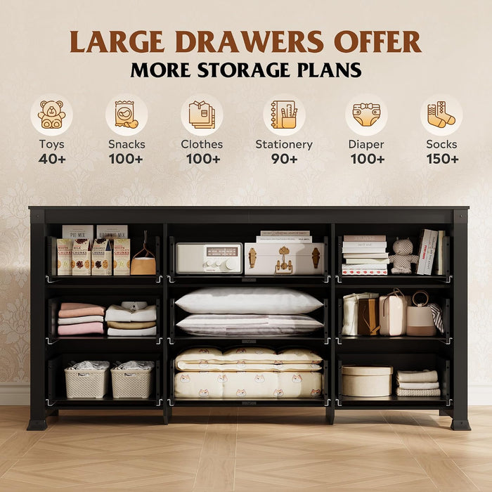 9 Drawer Dresser Black, 62" Wide Wooden Chest with Anti-Tip Structure