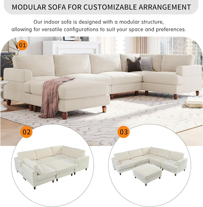 Large Sectional Sofa Couch with Ottoman for Living Room, L Shaped Corduroy Fabric Sofa Couch, 98" L Modular Corner Sectional Sofa for Spacious Space Office, Beige