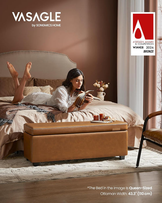 EKHO Collection - Storage Ottoman Bench, Entryway Bedroom Bench, 25 Gallons, Synthetic Leather with Stitching, Mid-Century Modern, Safety Hinges, Loads 660 Lb, Caramel Brown ULOM075K01