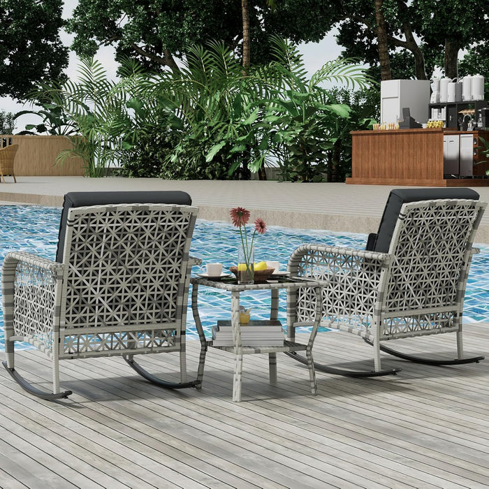 3 Piece Gray Wicker Patio Rocking Chair Set, Bistro Rocking Set, Outdoor Conversation Furniture with Porch Chairs and Glass Coffee Table, Slate Grey