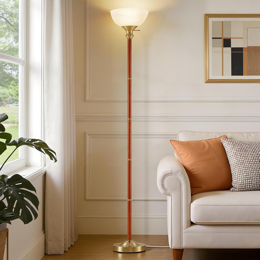 Wood Floor Lamp for Living Room - Gold Standing Lamp with Glass Shade Torchiere Floor Lamps for Bedroom - Mid Century Modern Corner Tall Lamps for Home Office Nursery Industrial Reading Light
