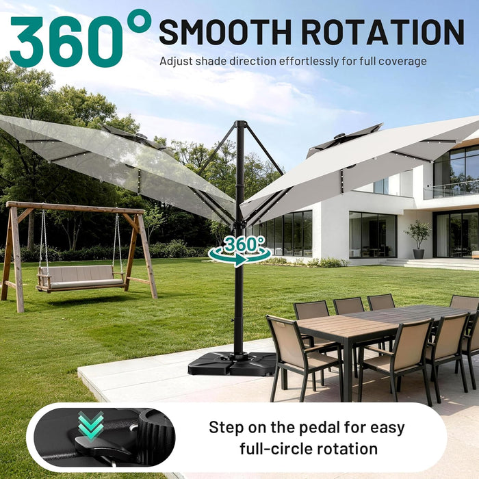 10×10FT Solar LED Cantilever Umbrella with Base Included, Double-Top Outdoor Patio Offset with 360 Degree Rotation, round Offset Hanging Umbrella for Garden Deck Pool, Light Grey